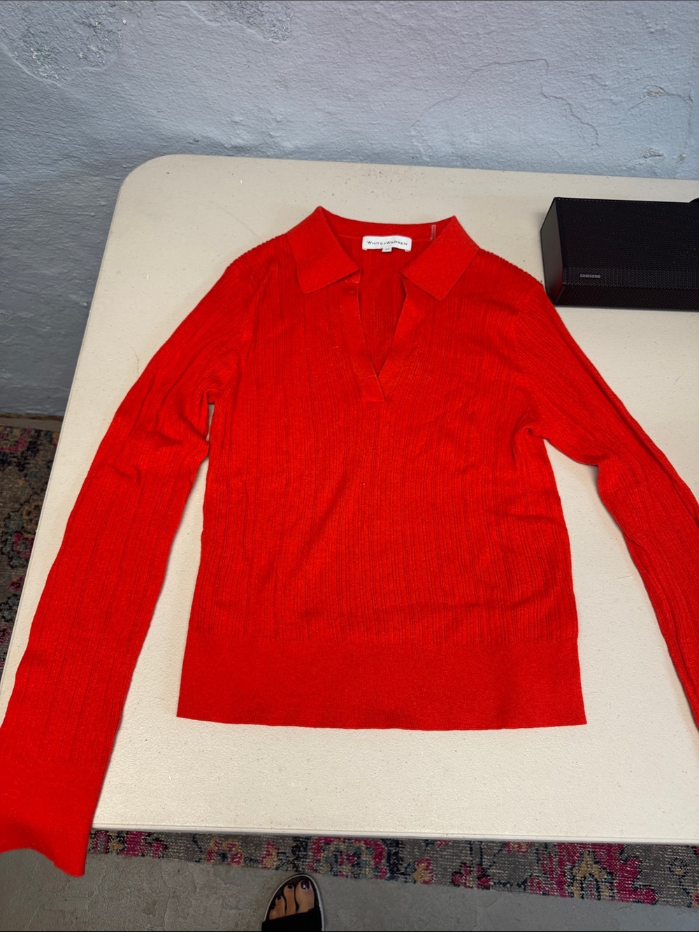 White + Warren Red Ribbed V-Neck Polo Sweater